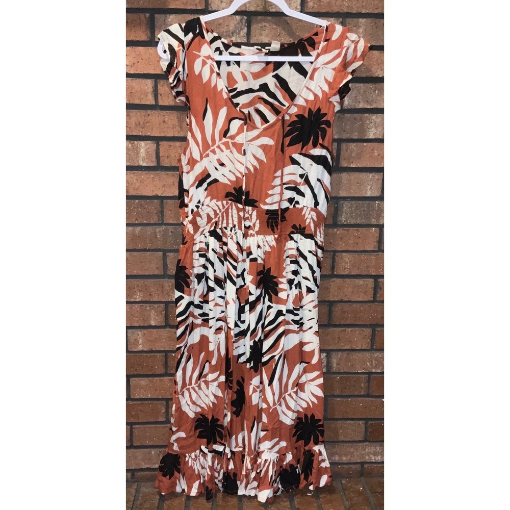 Roxy Tropical Palm Print‎ Smocked Waist Midi Dress Orange Black White XL